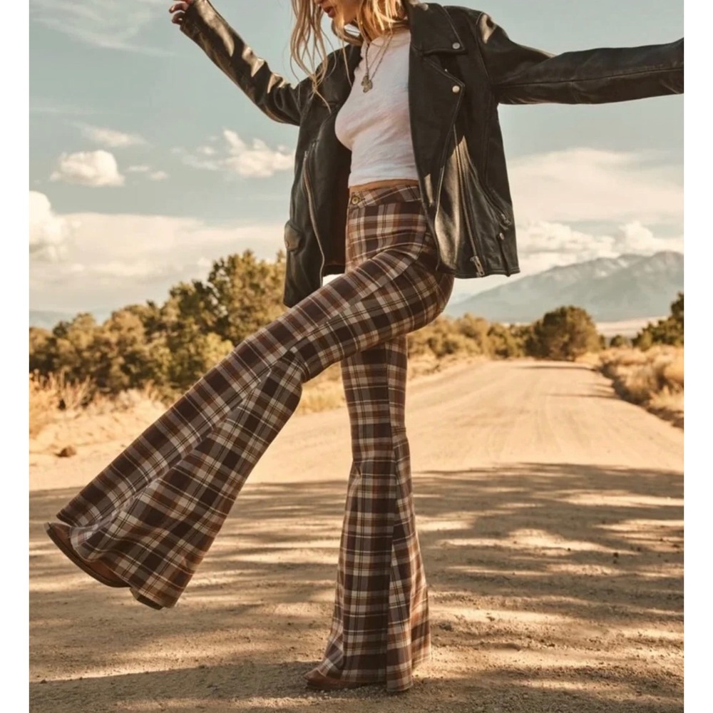 Free People Just Float On Plaid Flare Jeans Pants Size 28 Fall BOHO Bell Bottoms